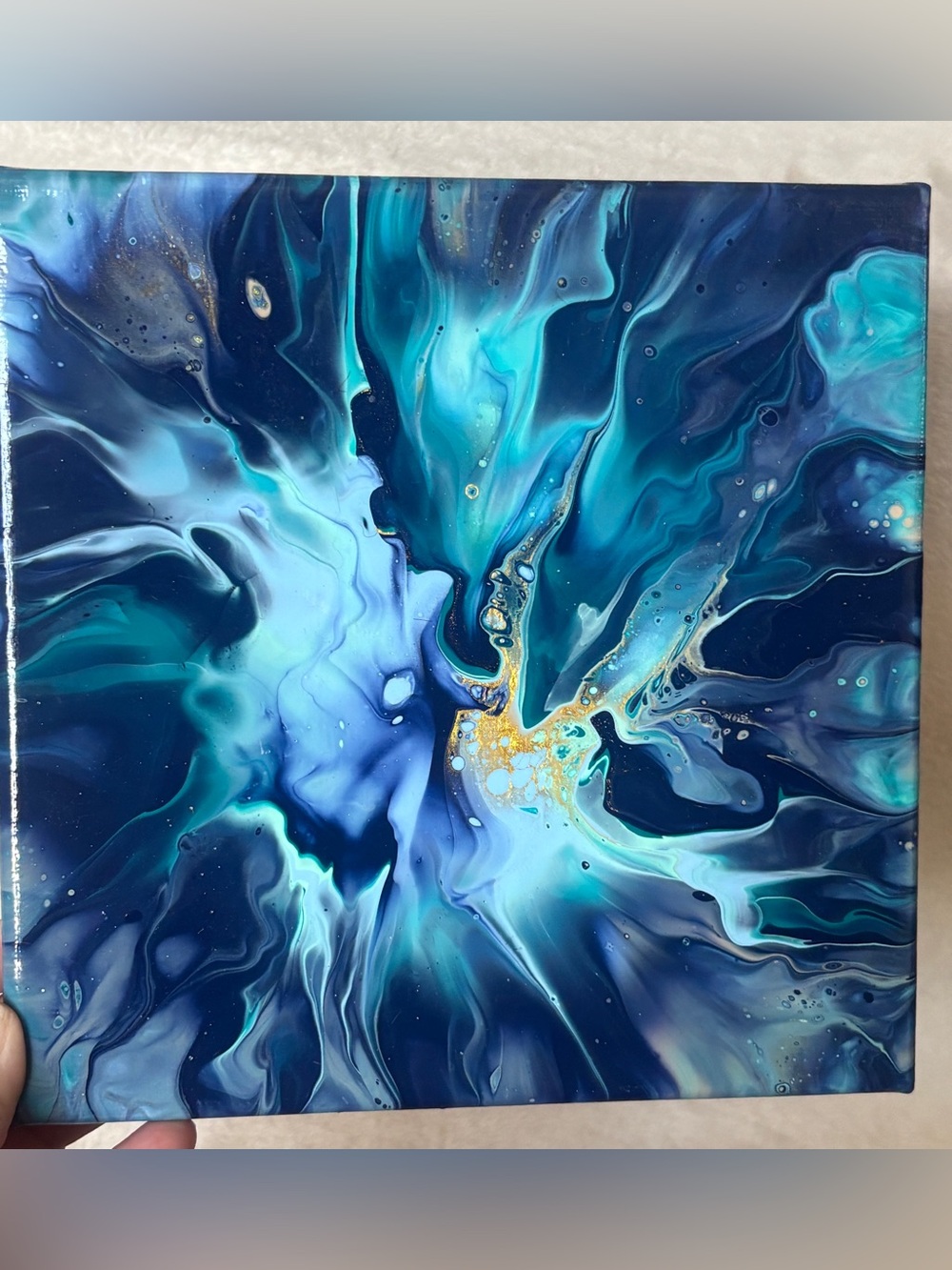 Hand Painted 8x8 Abstract Acrylic Pour Canvas Blue Teal Gold Fluid Art